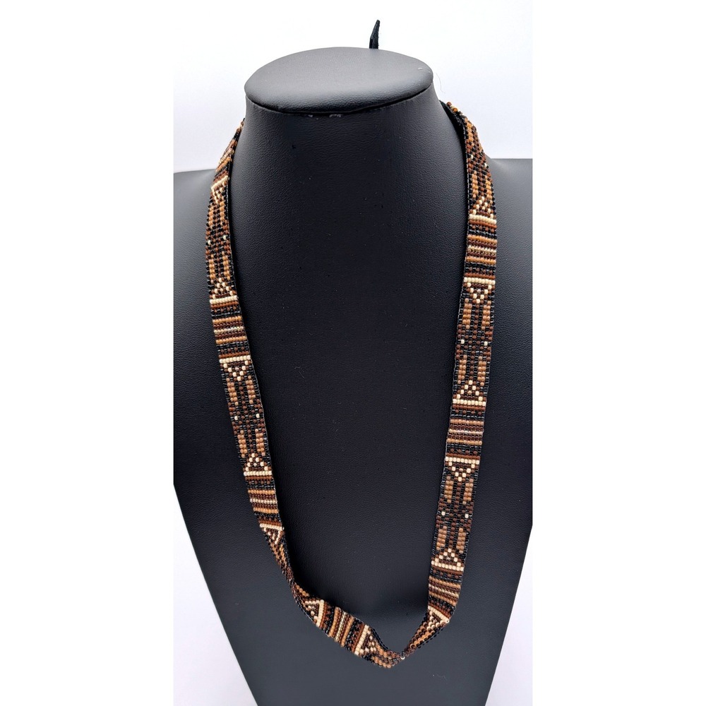 Handmade Seed Bead Loom Necklace Geometric Earth Tones Tie